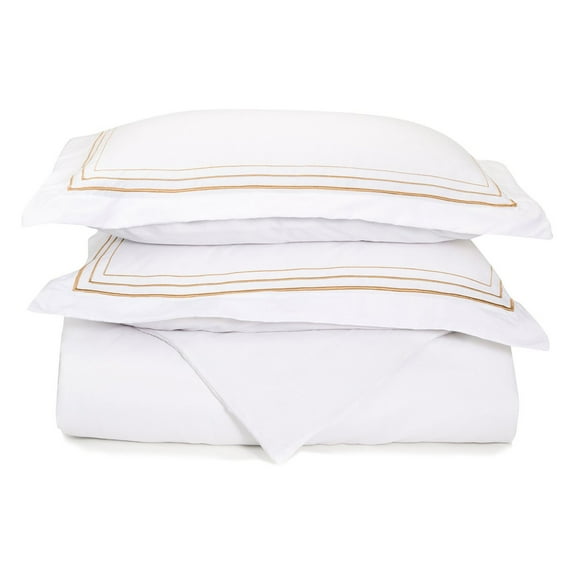 Luxor Treasures-Executive 3000 MF3000FQDC 3LWHGL Executive 3000 Series Full & Queen Duvet Set Solid, 3 Line Embroidery - White & Gold