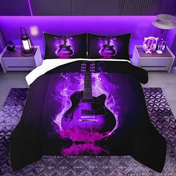 Homewish Music Guitar Bedding Comforter Set,Musical Instrument Twin Comforter Sets,Black Purple Bedding Set For Girl Boy,Super Cozy Room Decor,2 Pieces