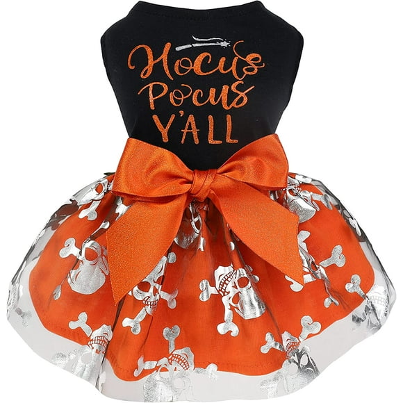 Hocus Pocus Y’All Funny Dog Halloween Tulle Dress, Holiday Dog Clothes for Small Dogs Girl, Funny Pirate Skull Pet Costume, Witch Cat Outfit, Orange, Black, Small