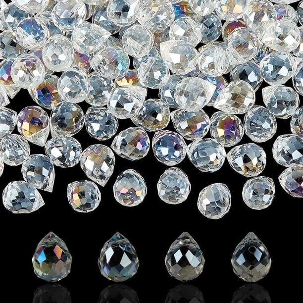 150 cuentas de vidrio transparente en forma de lágrima de 8 mm con perforaciones superiores, espaciadoras, cuentas facetadas en forma de gota de agua, cuentas lisas.