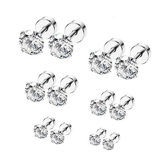 Riforla 6 PC Stainless Steel Ear Stud Piercing Barbell Studs Earrings Round Zirconia Inlaid Womens Jewelry Silver
