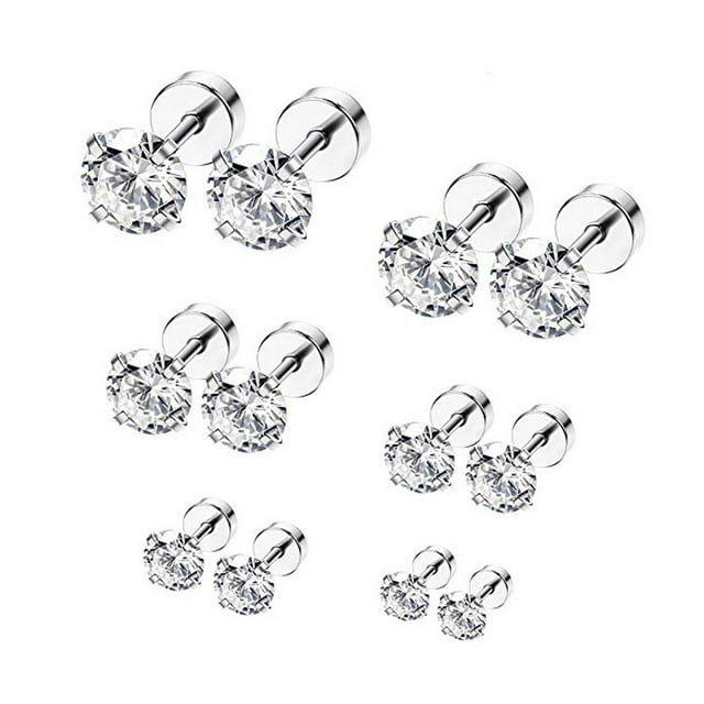 6 Pendientes de acero inoxidable Studs Piercing Oreja Ronda PC Barbell incrustaciones de circonio Stud Accesorio