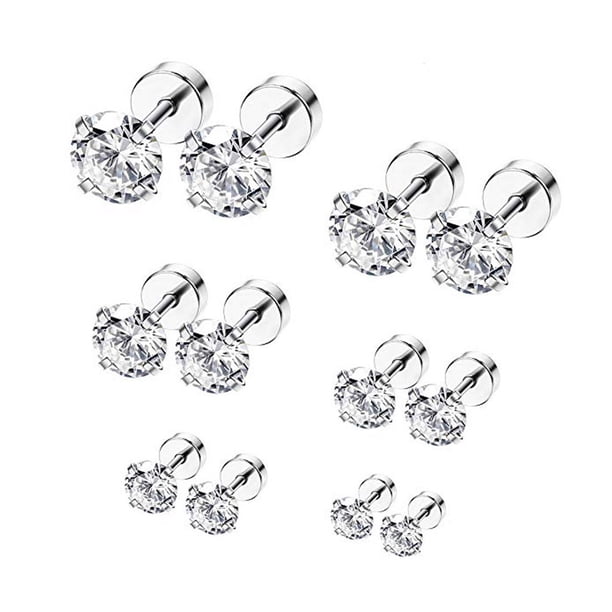 6 Pendientes de acero inoxidable Studs Piercing Oreja Ronda PC Barbell incrustaciones de circonio Stud Accesorio