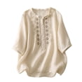 thumbnail image 2 of Holzkary Embroidered Cotton Linen Tops for Women 3/4 Sleeve Summer Boho Peasant Gauze Blouses Dressy Casual Bohemian Shirts Beige L, 2 of 9