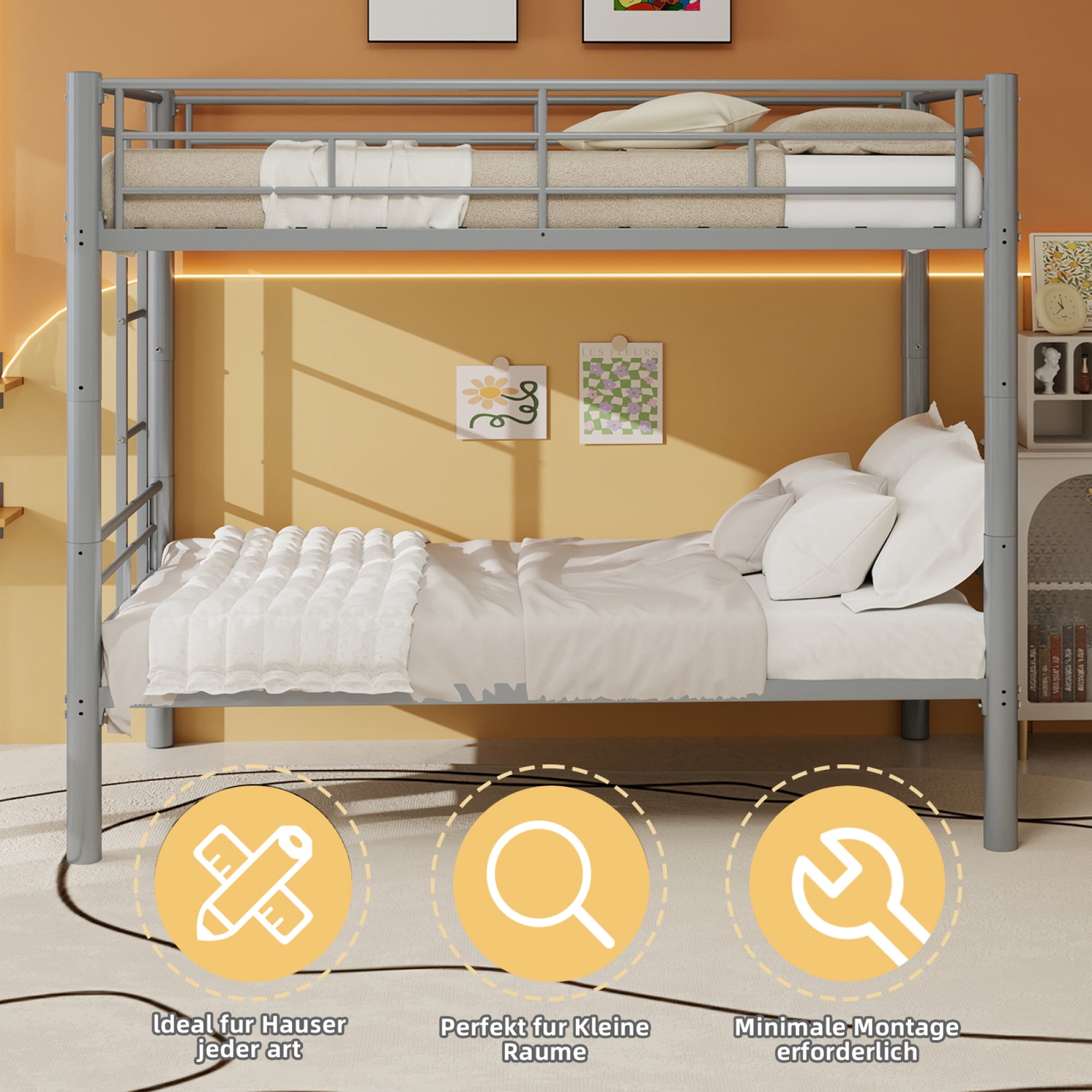 Twin over Twin Bunk Bed with Ladder and Safety Guardrails, Metal Bunk Bedframe for Kids Boys Girls, can be convertible into 2 Beds, No Spring Box Required