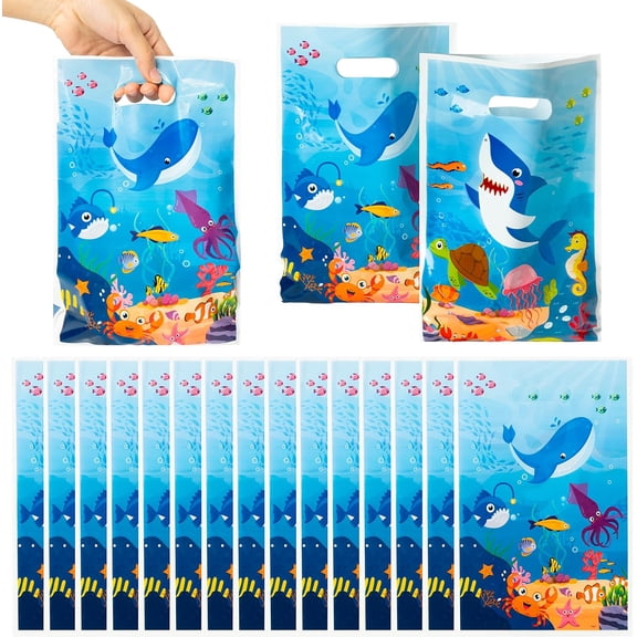 Osmanthus 50Pcs Animal in the Sea Party Favor Bags Ocean Themed Plastic Waterproof Goodie Bag with Die Cut Handle Whale Shark Rectangular Gift Pack for Kids Birthday Baby Shower Decoration Supplies