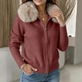 thumbnail image 6 of IUYRTFE Women Zip Up Jacket Faux Fur Collar Knitted Cardigan Short Coat for Autumn Winter Casual Wear, 6 of 7