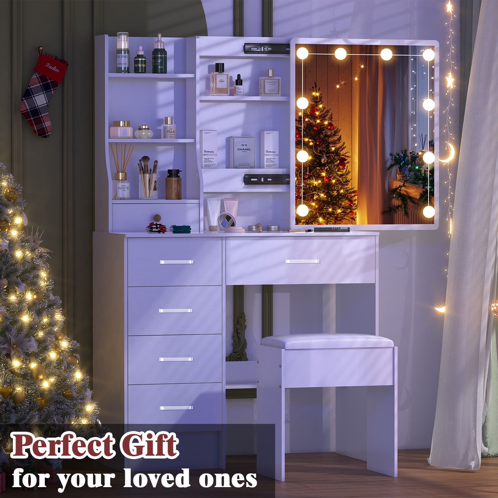 Caulitar Modern Makeup Vanity Set with Lights and Mirror, Vanity Desk with 6-Drawers and Stool, White