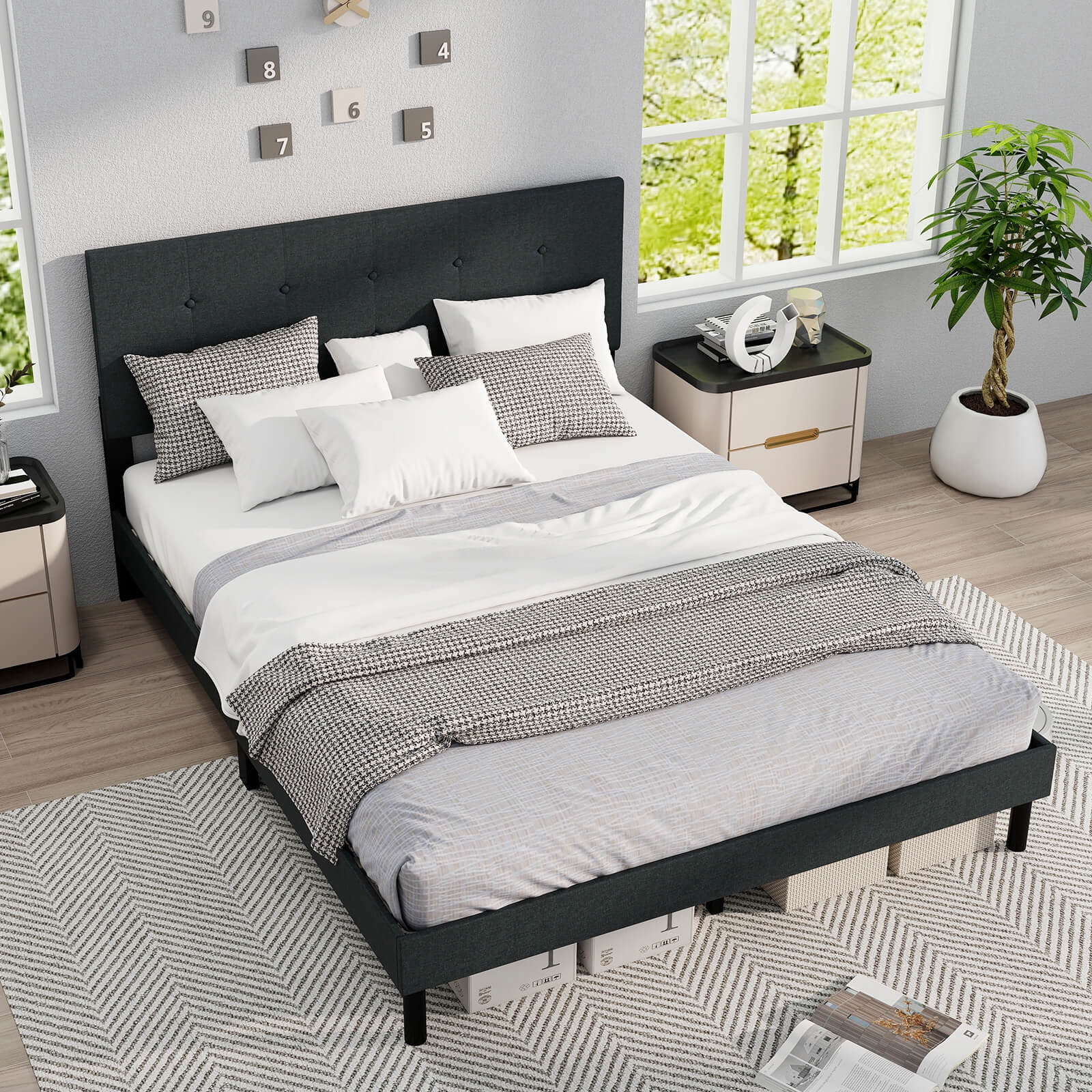 Costway Queen Size Bed Frame Linen Upholstered Platform Bed Frame with Tufted Headboard