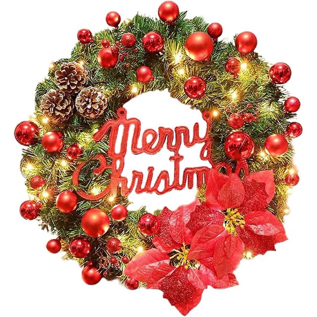 Corona navideña artificial flocada con adornos variados y luces LED, 40 cm, color rojo
