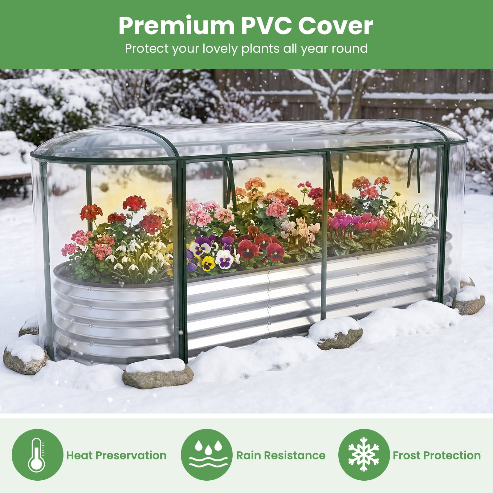 Costway 6 x 2 x 1 FT Color Steel Raised Garden Bed with Greenhouse Cover, Roll-up Window Silver+Transparent