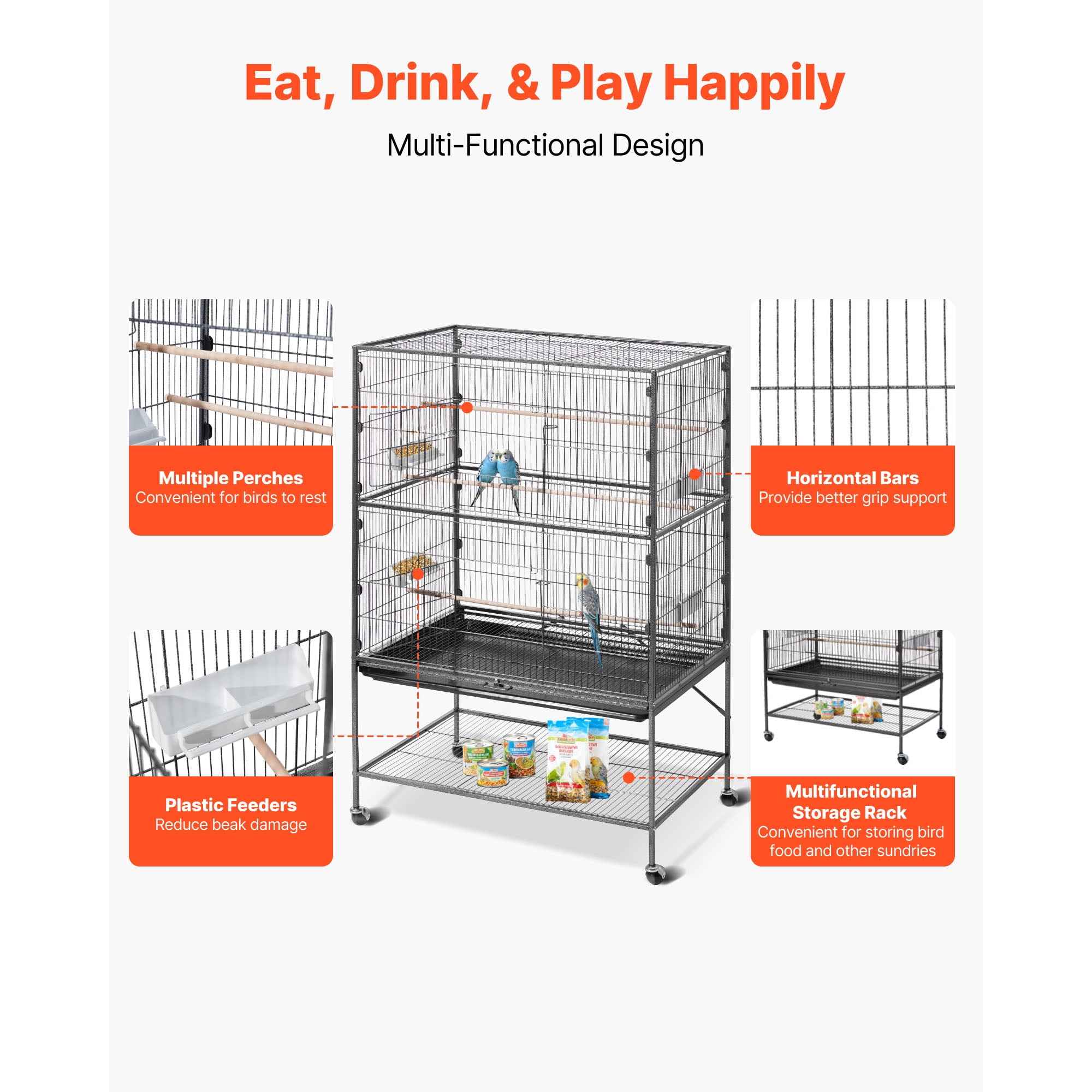 KFFKFF Spacious Bird Cage, 36.6 x 22.8 x 59.5 inch, Flat Top Design, Durable Wrought Iron Construction with Perches, Removable Tray, and Plastic Feeders, Suitable for Various Bird Species