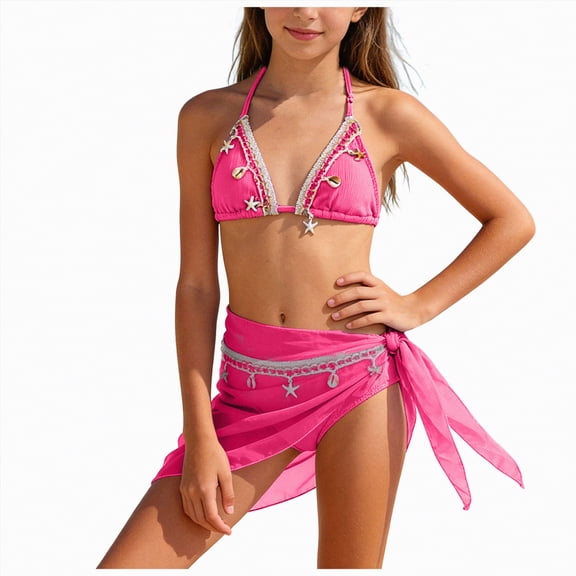 Rotm Girls Swimsuit Girl's 3 Piece Bikini Bathing Suit Printed Sport Swimsuits with Shorts Cove Up Sets Teen Girl's Swimwear Light Blue,8-9 Years