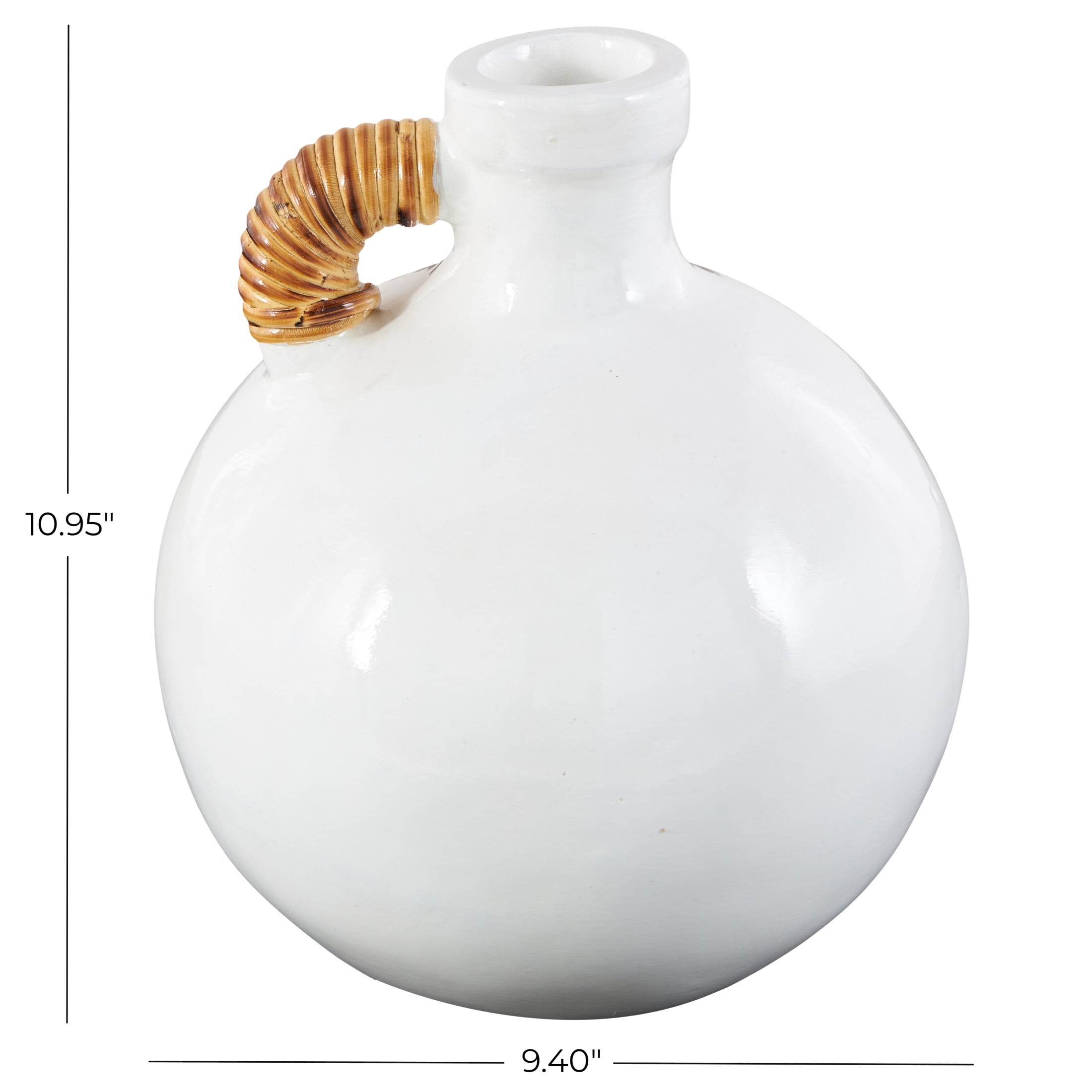 DecMode 11" Jug Inspired White Ceramic Vase with Rattan Wrapped Handle