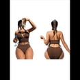 thumbnail image 3 of Conjuntos de Bikini para Mujer, de Cintura Alta, Acanalados, con Cuello Halter y Cordón Fruncido, de Dos Piezas. Color Café S, 3 of 10