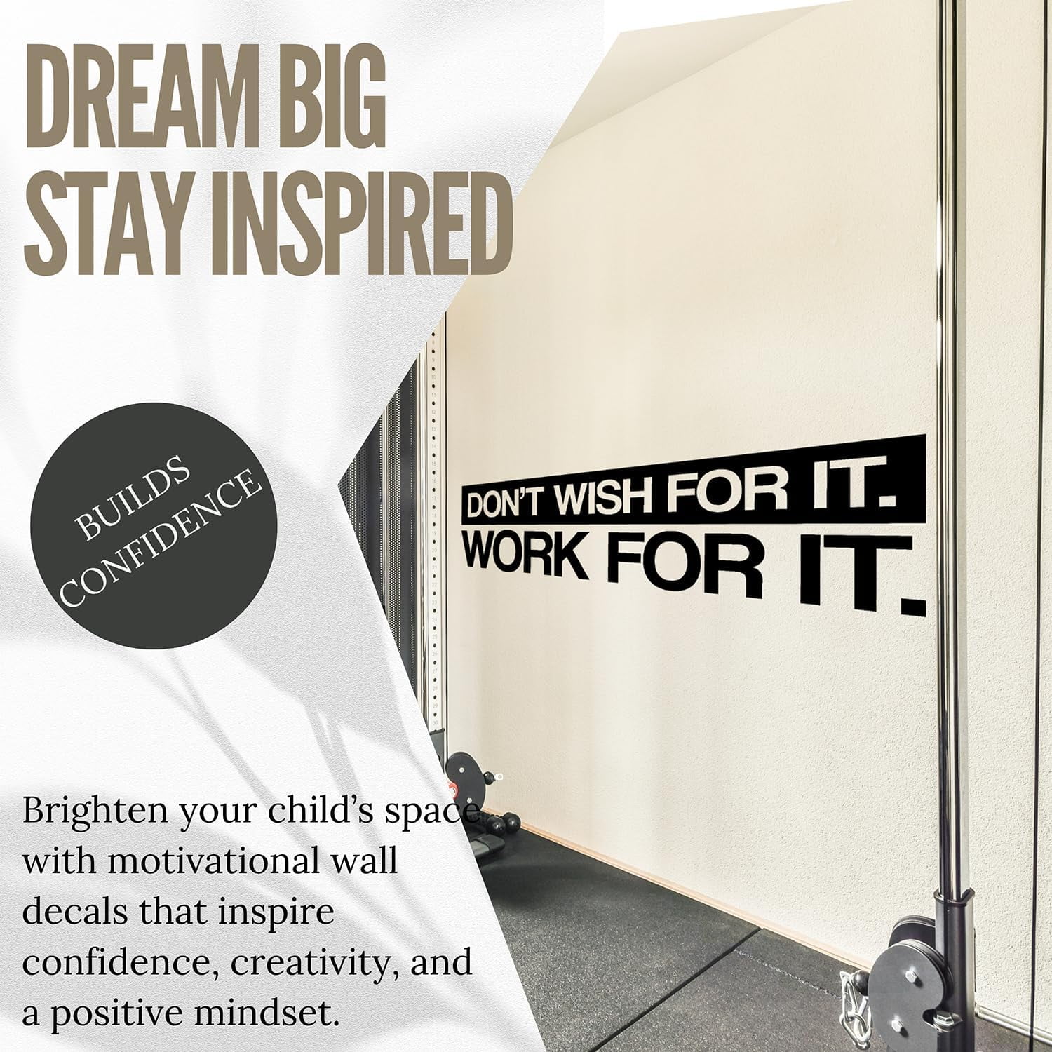 QTH Don't Wish for it Work for it | Motivational Large Wall Decal Sticker Quote for Home Gym Office Exercise Fitness Workout Art Vinyl Decor Removable Words and Sayings 37x10 in