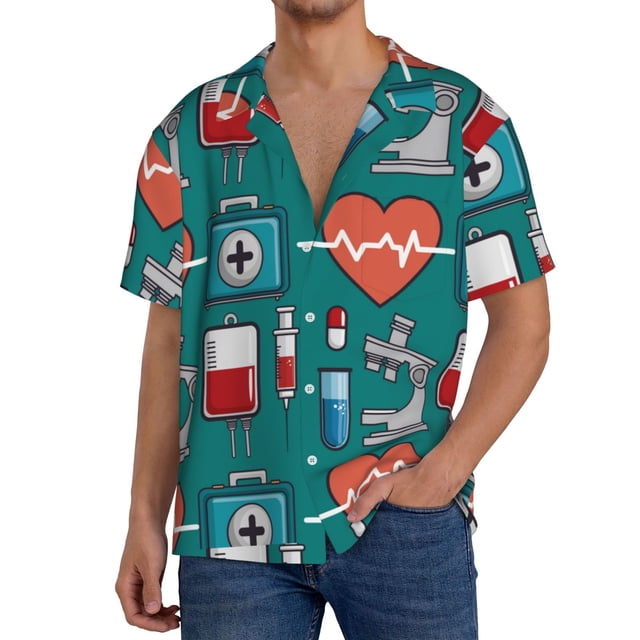 Fotbe Medical Elements Camisa Estampada de Manga Corta para Hombre, Casual de Verano, Estilo Playero, Sin Arrugas-Medium