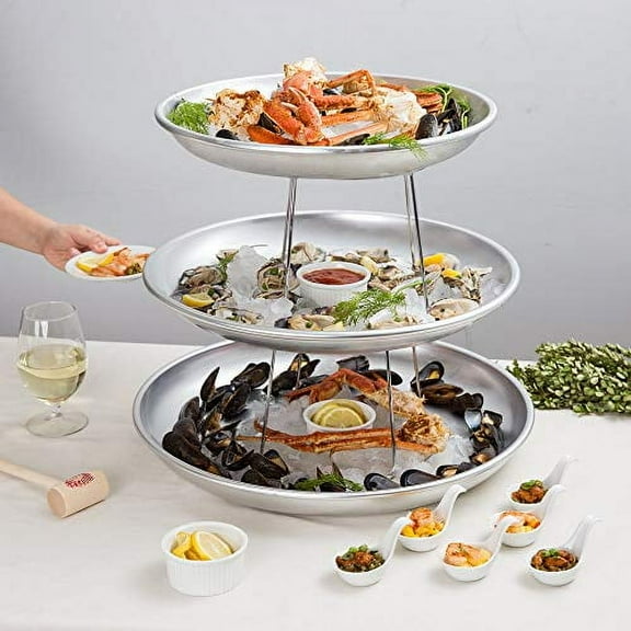 TableTop King 3-Tier Seafood Tower Set with Large Aluminum Trays and Stand