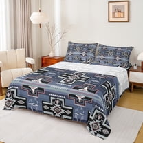 Homewish Bohemian Aztec Twin Sheet Sets for Teen, Blue Square Triangle Twin Fitted Sheet, Vintage Mandala Western Flat Sheet, Lightweight Room Decor, 3-Piece