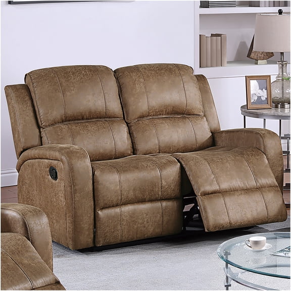 JERFIT Manual Recliner Loveseat for 2, PU Leather Sofa with Tufted Back, Chestnut Brown Reclining Couch for Living Room