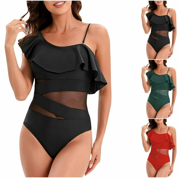 UTSJKR Women One Shoulder Ruffle One Piece Swimsuits Tummy Control Bathing Suit Full Coverage Cutout Mesh Swimwear Black L