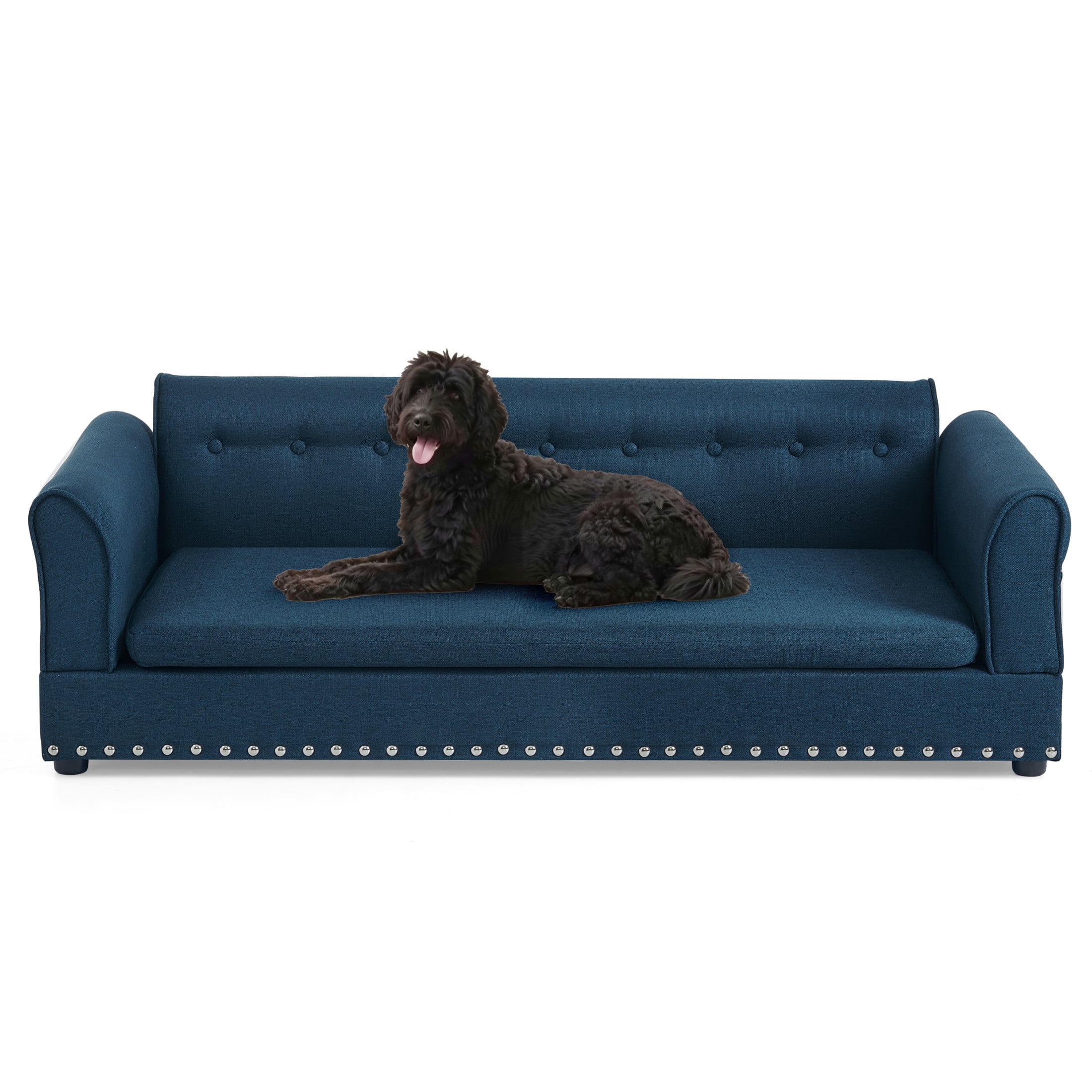 Noble House 55" Comfortable Elevated Pet Sofa, Elegant Oversized Linen Dog Bed with Support Armrests, Dark Blue