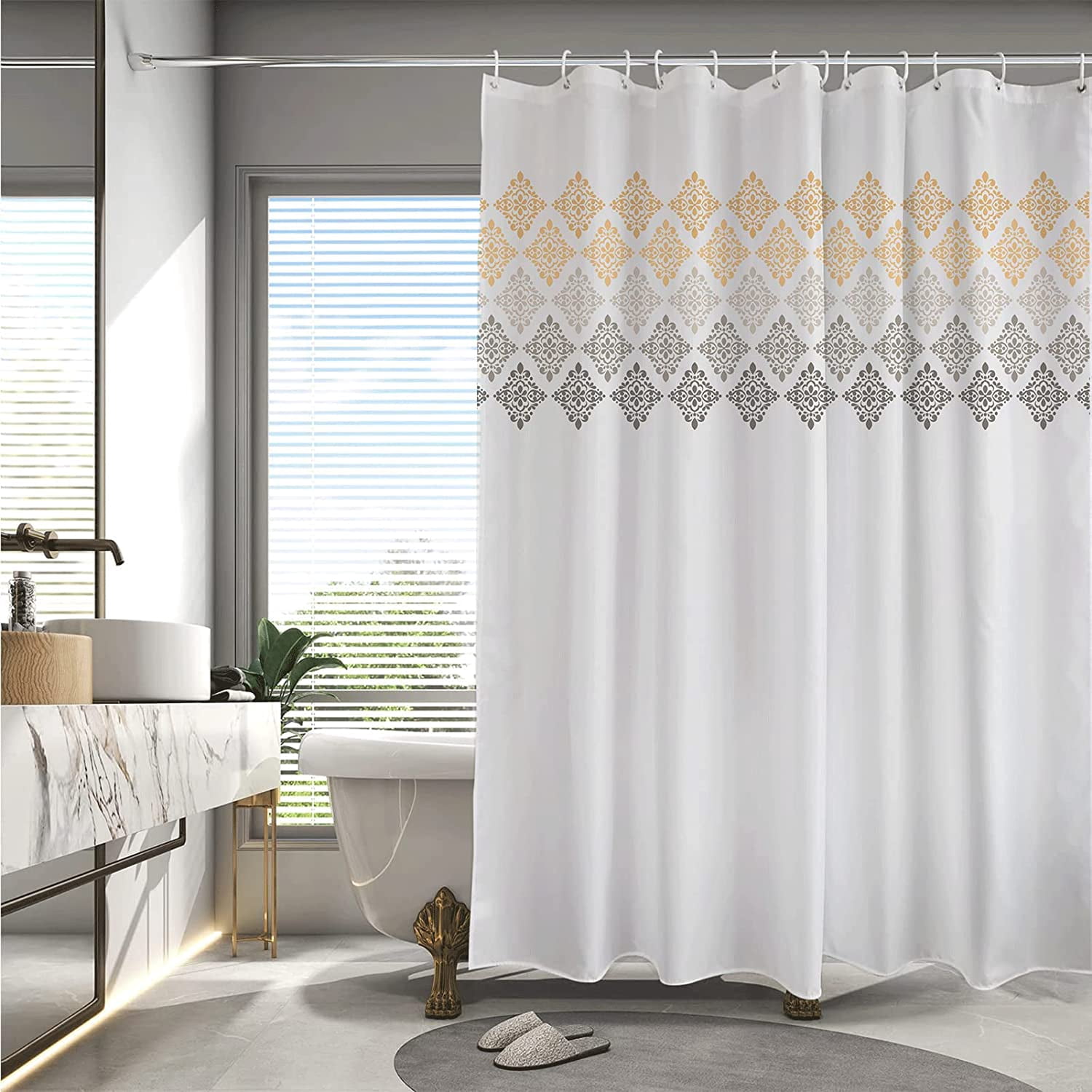 Grey Yellow Boho Shower Curtain,Beige Bohemian Chic Shower Curtains Set for Bathroom with 12 Hooks,Modern Farmhouse Bath Curtain 72x72in,Waterproof Fabric,Machine Washable
