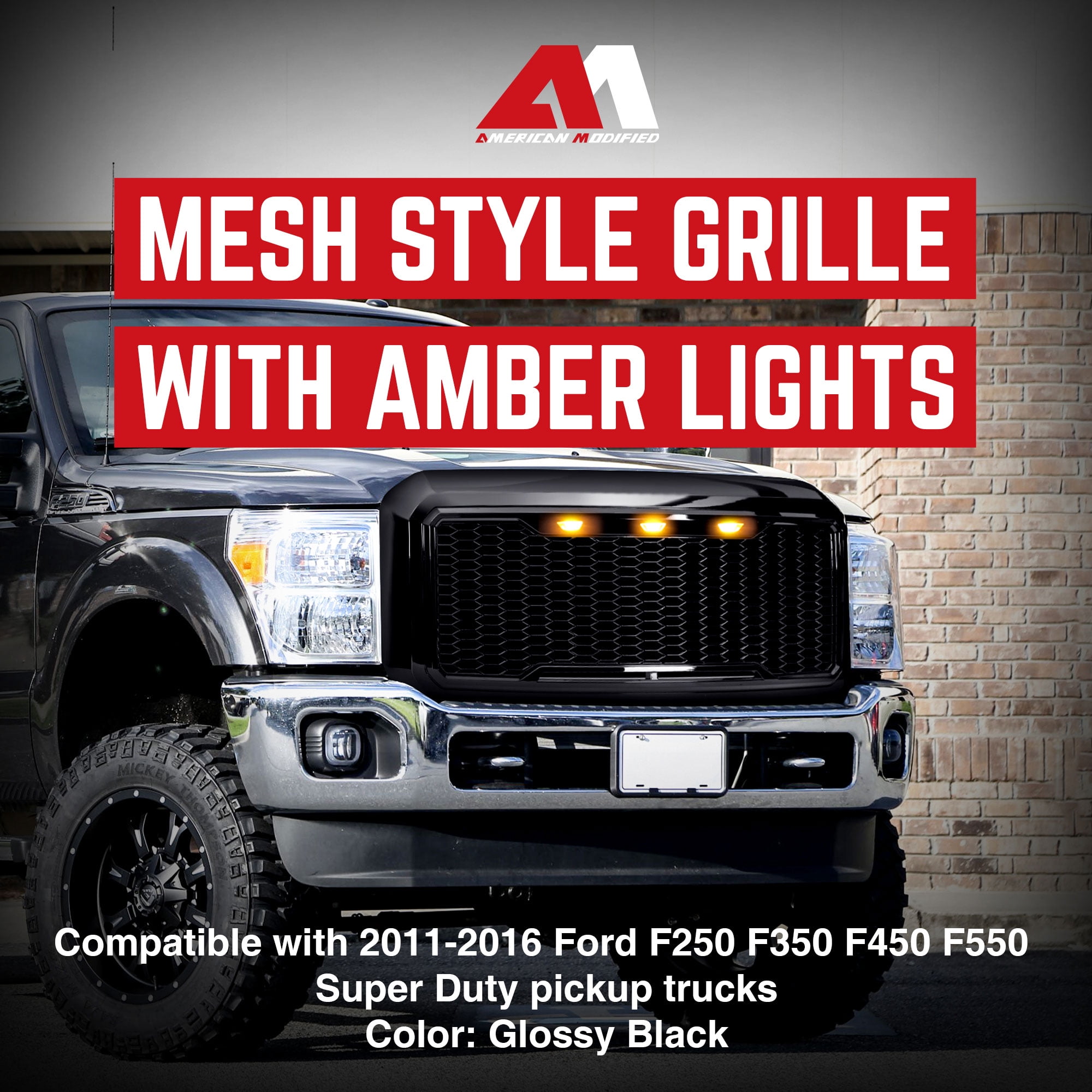 AMERICAN MODIFIED Front Grille for 2011-2016 Ford F250/350/450/550, Glossy Black