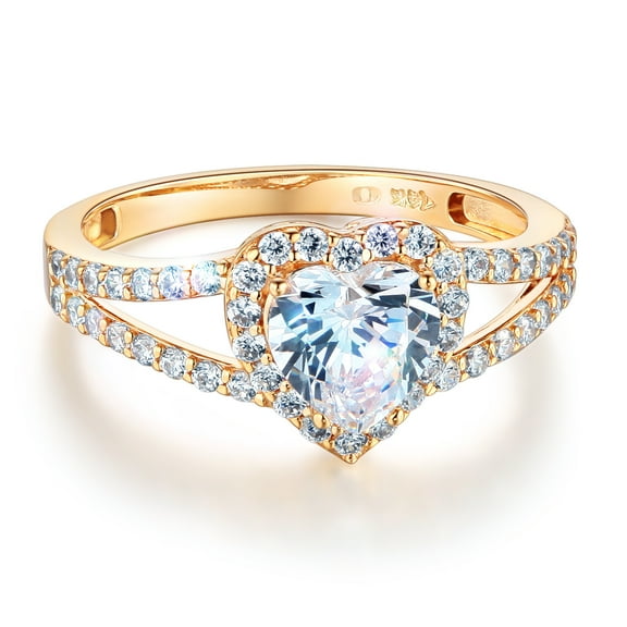 Wellingsale Ladies Solid 14k Yellow Gold Polished CZ Cubic Zirconia Heart Cut Halo Engagement Ring with Side Stones - Size 4