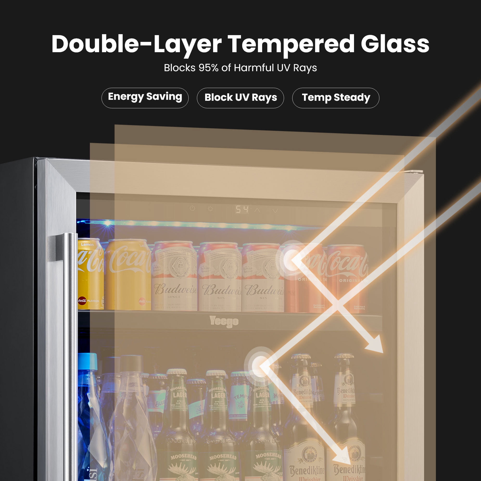 Yeego 24 Inch 180 Cans Beverage Refrigerator Cooler, Double Layer Glass Door, Built-in/Freestanding for Beer Soda Water, Right Hinge
