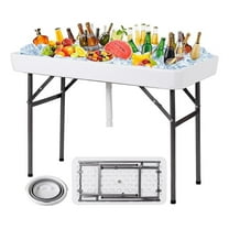 Folding Ice Cooler Table with Matching Skirt, Drain Hose & Bucket, Foldable Buffet Beverage Cooler Server, Portable Chill Table for Party, Picnic, BBQ, Camping (White)