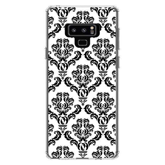 DistinctInk Clear Shockproof Hybrid Case for Samsung Galaxy Note 9 - TPU Bumper, Acrylic Back, Tempered Glass Screen Protector - White Black Damask Pattern - Floral Damask Pattern