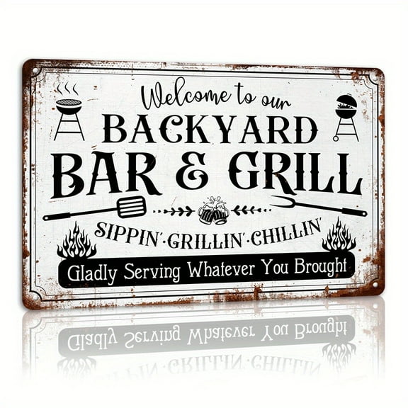 1pc 8x12 Inch Vintage Metal Wall Art - Welcome to Our Backyard Bar & Grill Rustic Iron Sign with Distressed Finish, BBQ & Patio Decor for Farmhouse, Outdoor Kitchen, Deck, Terrace