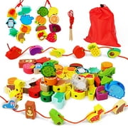 Fangsheng 42pcs Wood Lacing Beads, Montessori Threading Toys for Toddler 3-6
