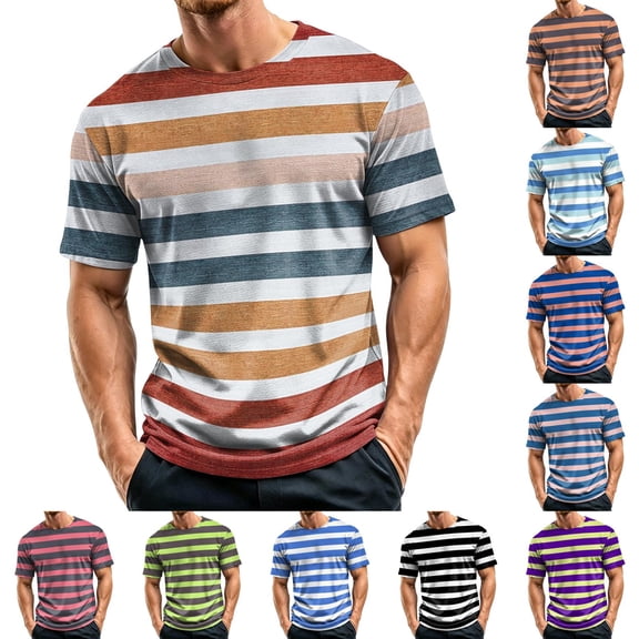 Mfakffe Men T Shirts Crewneck Striped T-Shirt Soft Elastic Tees Summer Beach Casual Tops