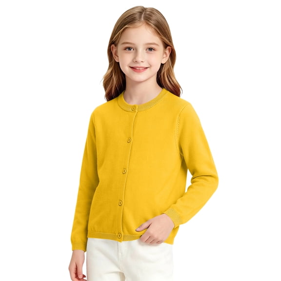 Preppy School Uniform Cardigan Sweater for Girls Crew Neck Long Sleeve Button Down Solid Knit Layering for Kids Yellow 9-10 Years