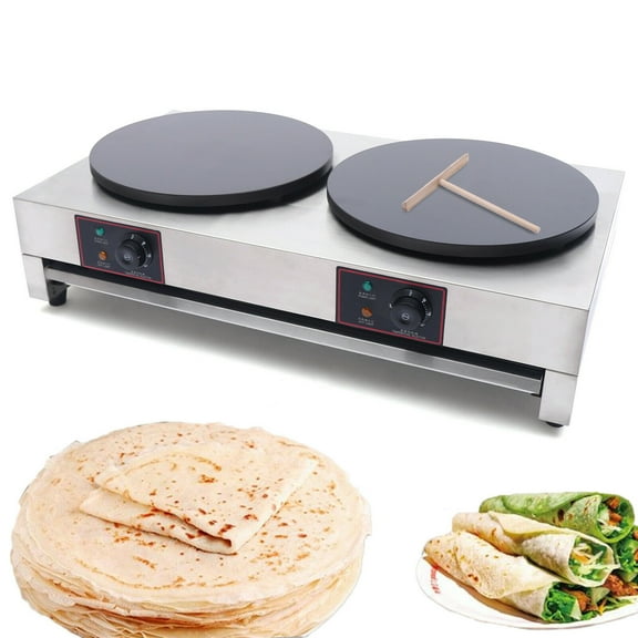 Commercial Crepe Maker Electric Pancake Maker with Double Pan Nonstick Round Crepe Hotplate Griddle Machine Adjustable Temperature for Blintzes Eggs Tortilla Commercial Electric Crepe Maker