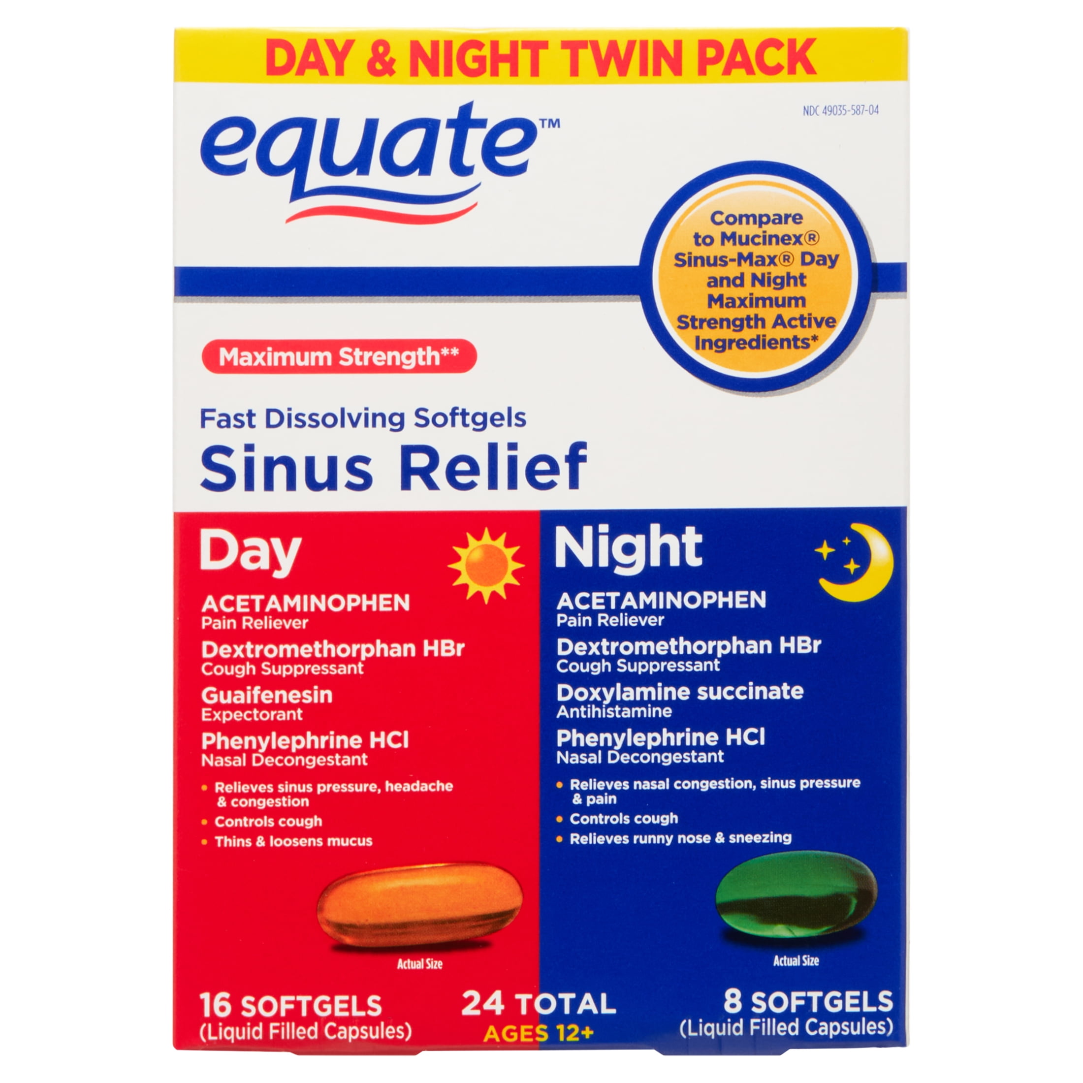 Equate Maximum Strength Day & Night Sinus Relief Fast Dissolving Softgels, 24 Count