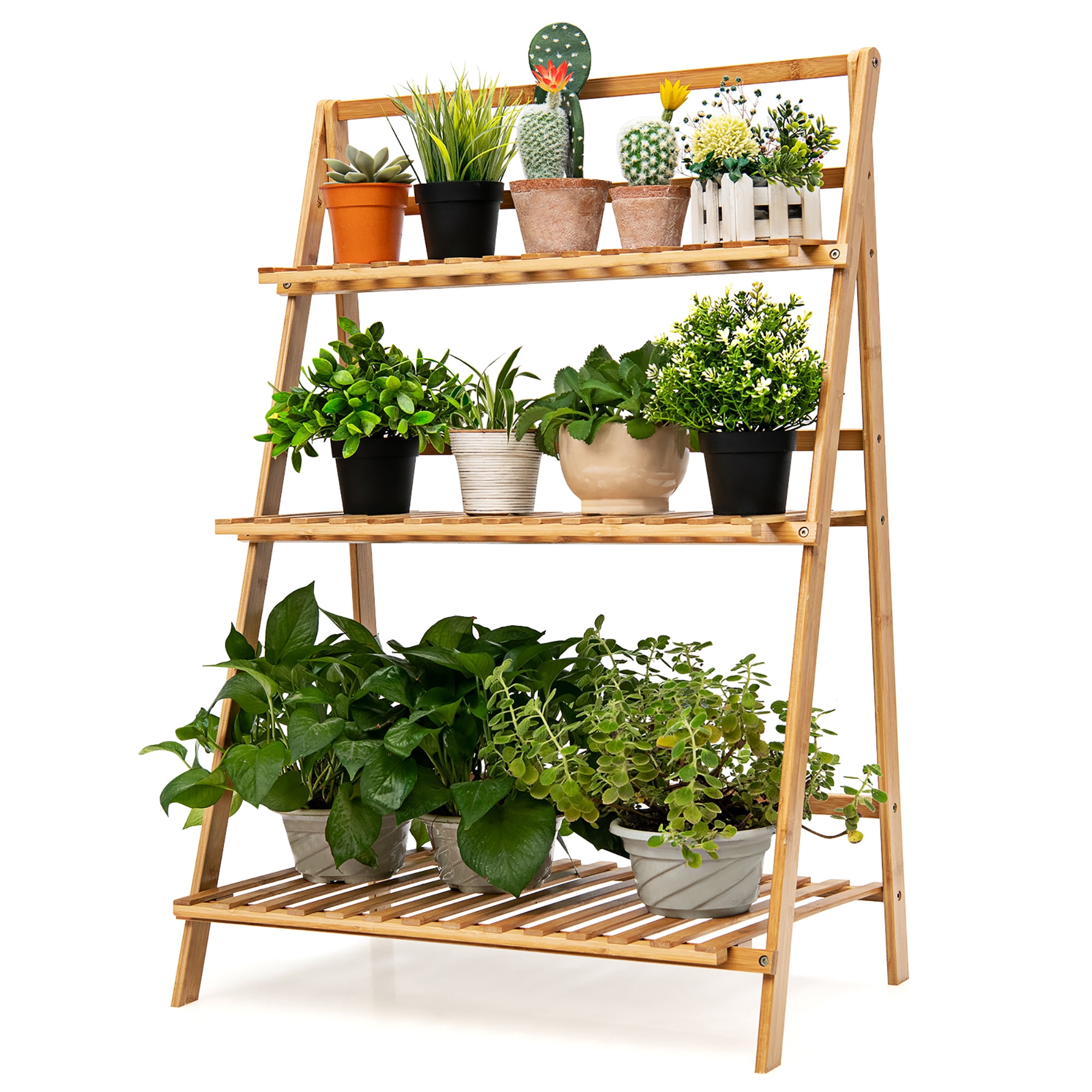 Goplus 3 Tier Wood Plant Stand Flower Pot Display Rack Stand Holder Shelf Ladder 