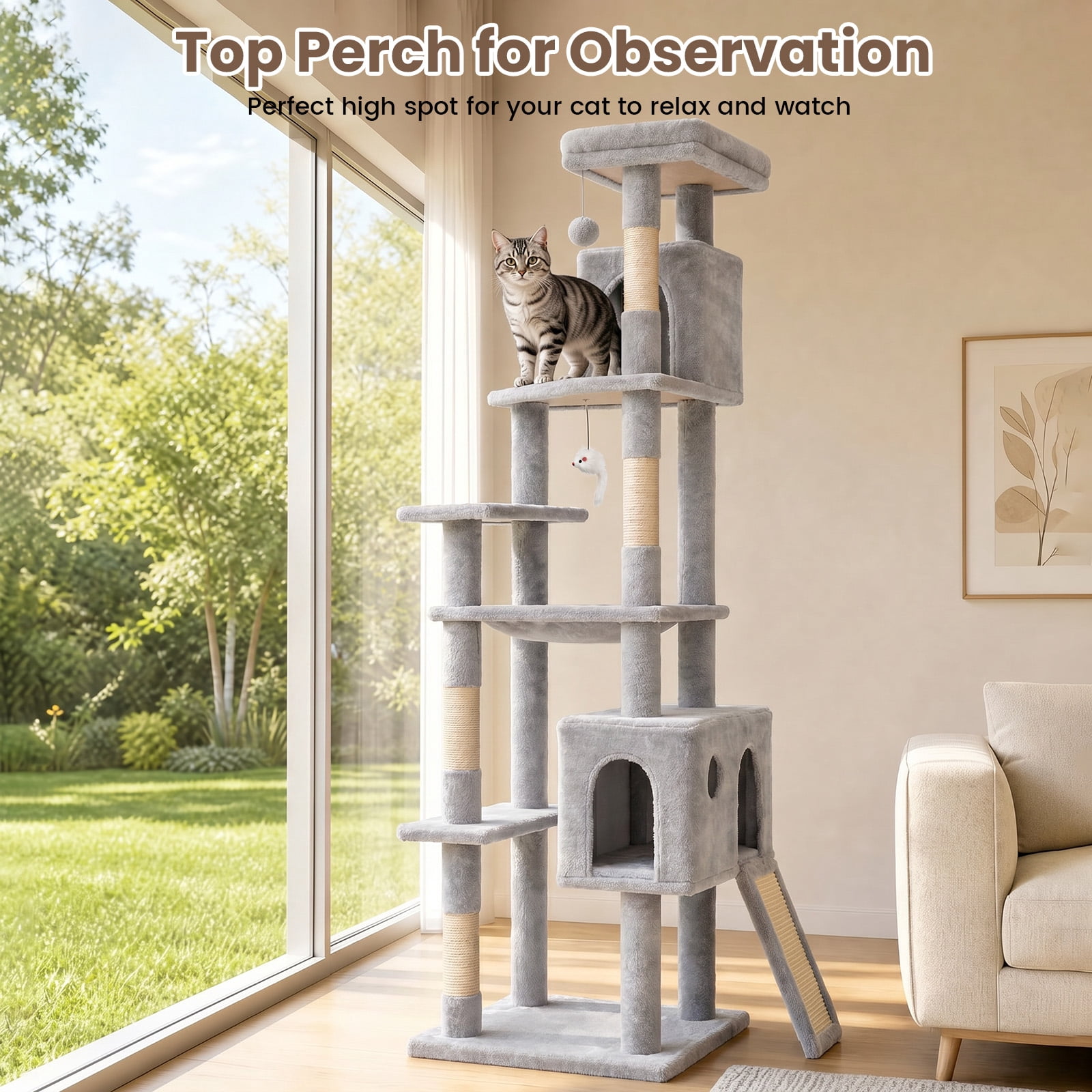 70" Cat Tree Tower, Heavy Duty Cat Tower for for Multiple Adult Cats, Multi-Level Tall Cat Tree with 2 Condos, Hammock and Scratching Post for Indoor Kitties, Light Grey