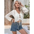 thumbnail image 5 of Womens Crochet Crop Tops Tie Front Bell Long Sleeve Cardigan V Neck Light-Weight Knit Shrug Sweaters White S, 5 of 8
