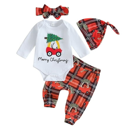 

Infant Baby Girls 4Pcs Christmas Outfits 3M 6M 12M Long Sleeve Romper Pants Headband Set Newborn Clothes