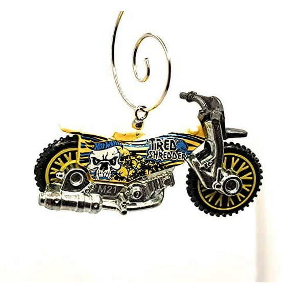 Motorcycle Dirt Bike Christmas Ornament 1:64 Yellow w Skulls