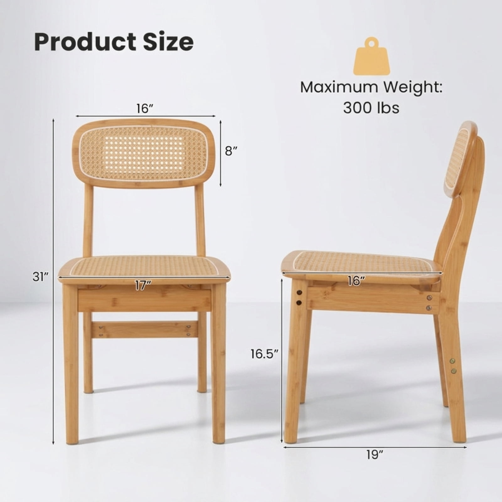 Furnibear Rattan Dining Chairs Set of 2 with Hollow Out Backrest and Wooden Legs Natural