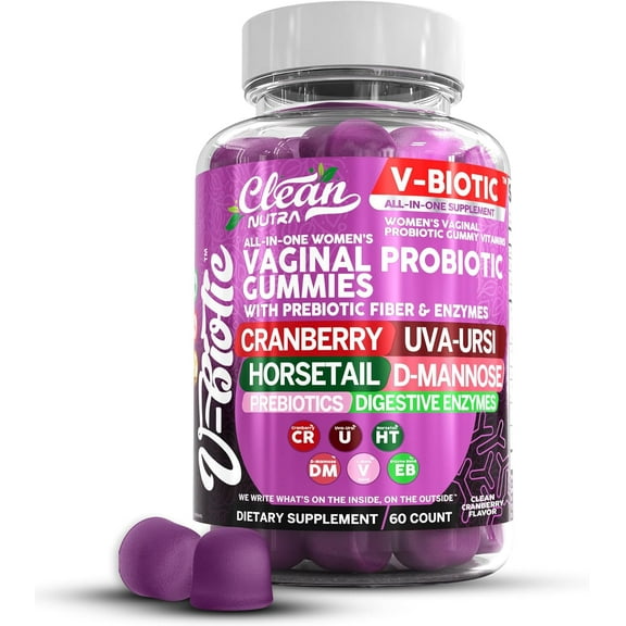Vaginal Probiotics for Women Gummies with Cranberry, Uva Ursi, Horsetail, D-Mannose, Prebiotics & Digestive Enzymes Women's Vaginal Health Supplement for pH Balance Flora Odor VBiotic by Clean Nutra