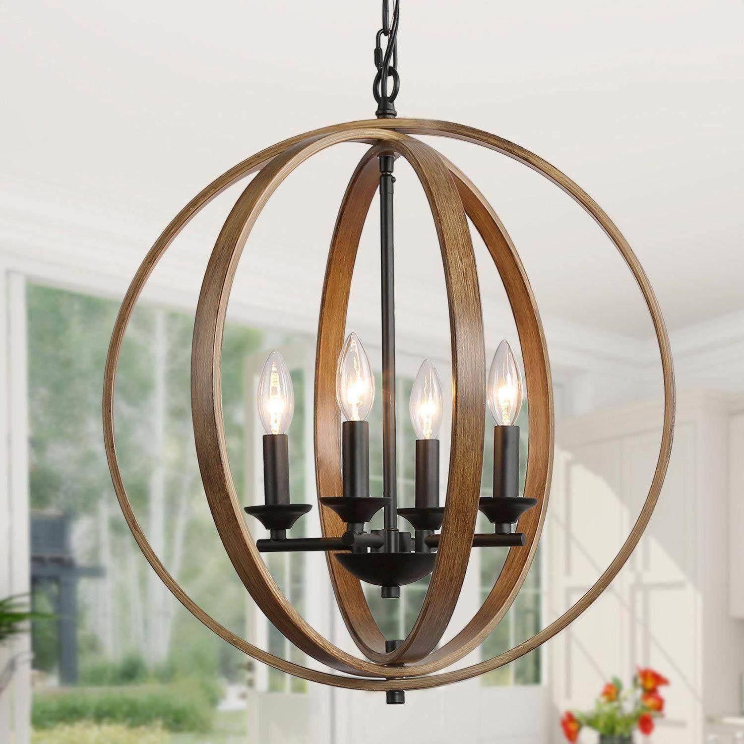 LNC 20" Farmhouse Globe Chandelier with E12 Base, Wood Grain and Black Metal Finish