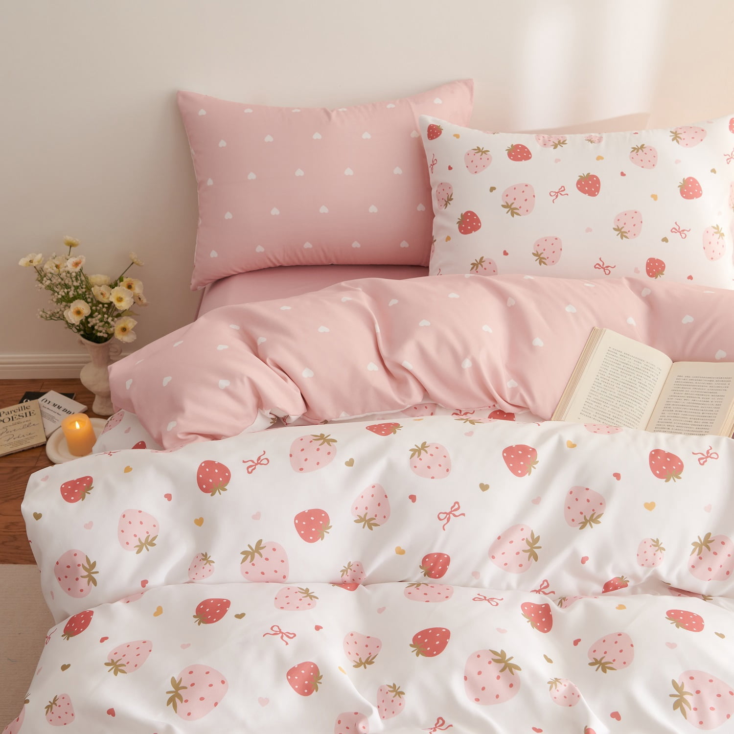 2 Pieces Strawberry Duvet Cover Set Twin Size Cute Pink Strawberry Hearts Bedding Set, Lightweight & Breathable Perfect for Girls