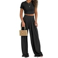 thumbnail image 2 of Liher Women 2 Piece Summer Outfits Black Casual Set Short Sleeve Crew Neck Basic Top & High Waist Ruched Wide Leg Pant Set Clothes Size S, 2 of 4