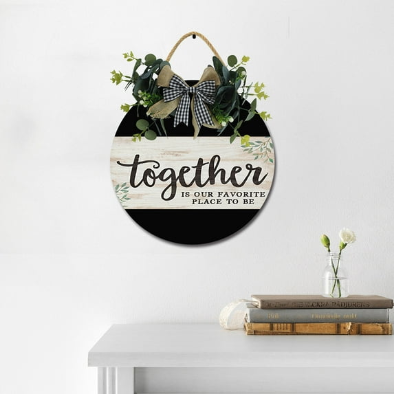 Eveokoki Together Wooden Front Door Sign Rustic Round Wreath Wall Hanger Porch Decor Spring and Summer Farmhouse Decoration Housewarming Gift 11 Inches