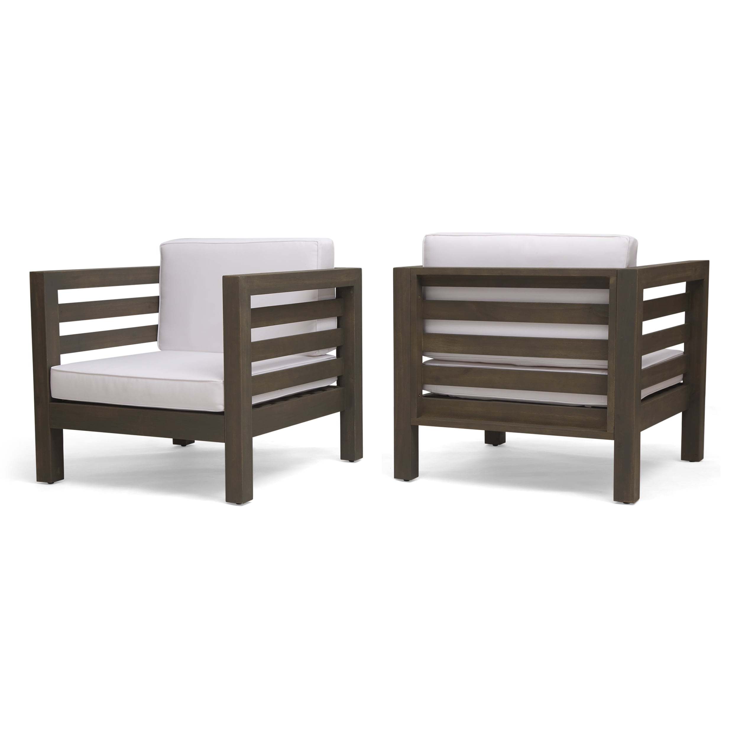 Louise Outdoor Acacia Wood Club Chairs with Cushions (Set of 2), Gray Finish and White - Walmart 